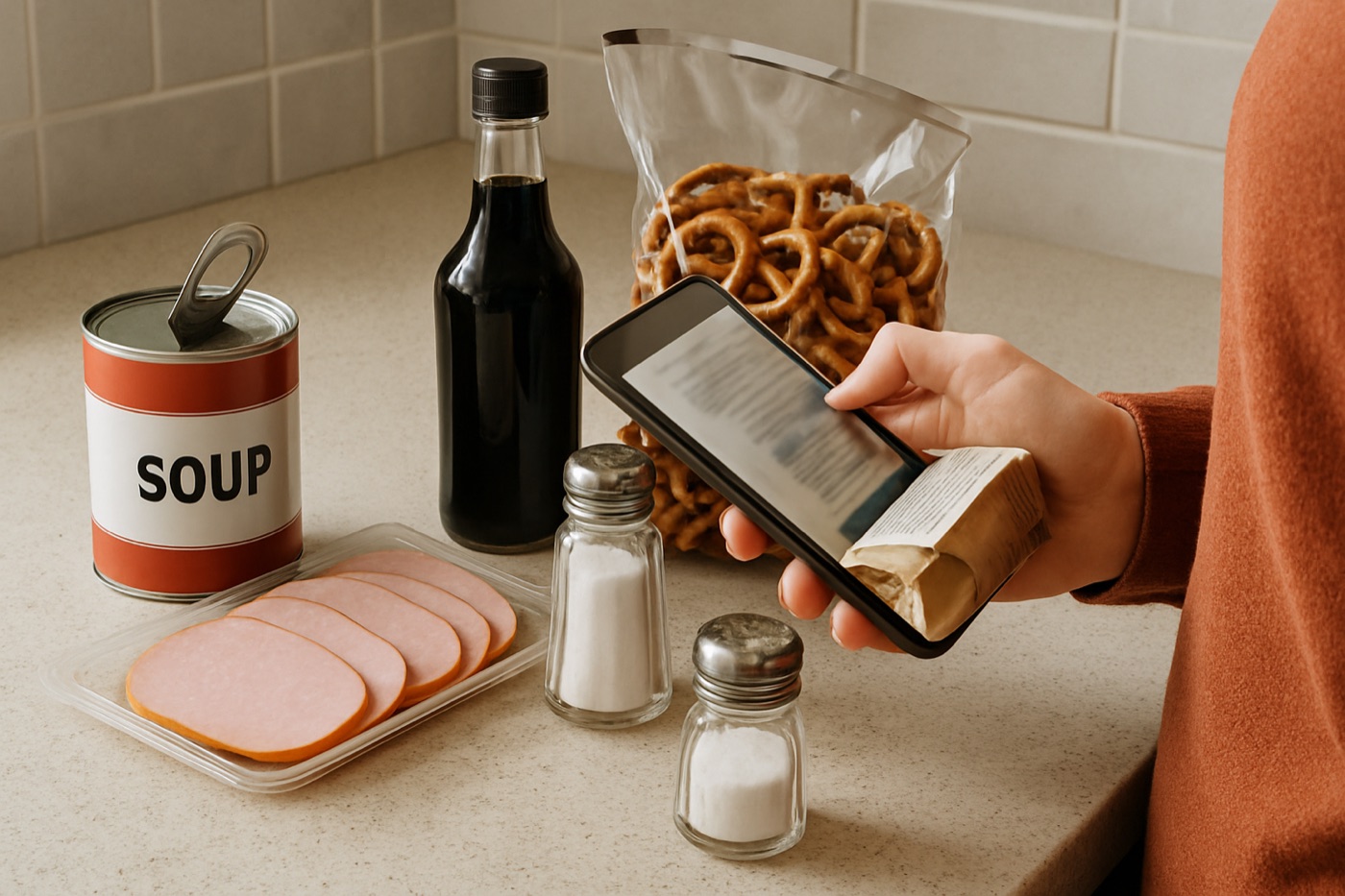 A hand scanning a packaged food with a smartphone on a counter with canned soup, deli meat, soy sauce, pretzels and a salt shaker