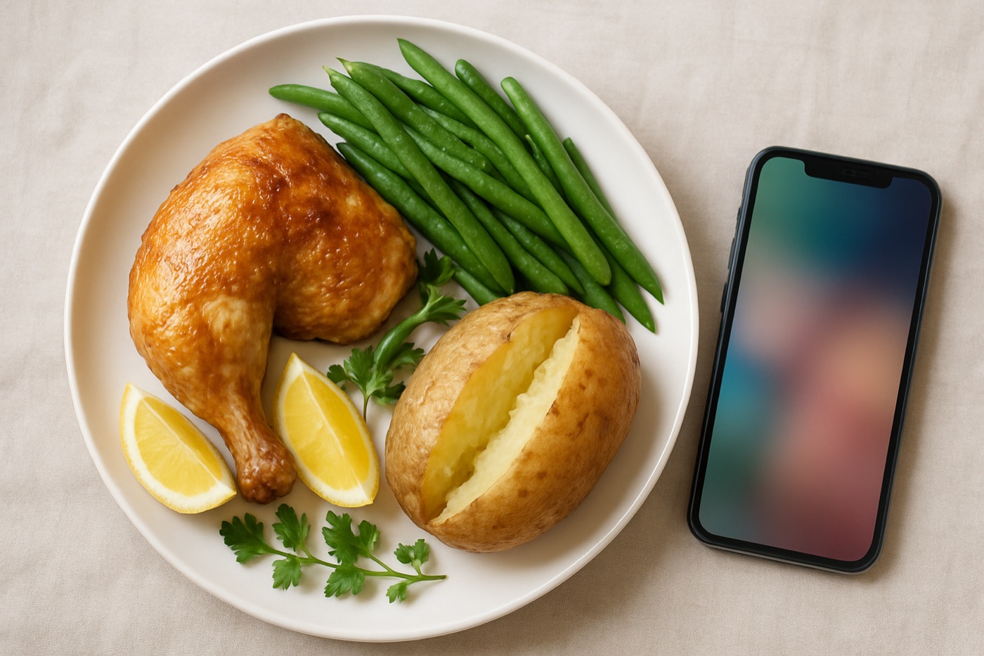 A home-cooked low-sodium dinner of roast chicken, green beans, baked potato, lemon and herbs next to a smartphone